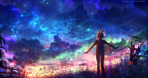 戴兔耳朵的女孩站在星空極光下的田野中