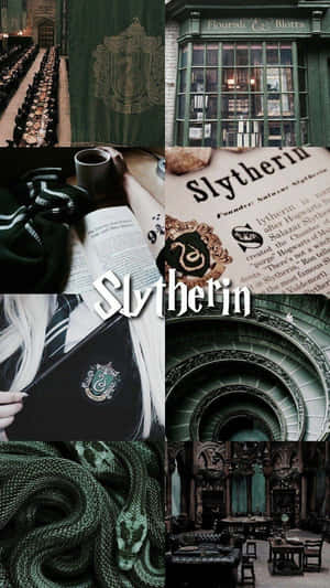 史萊哲林學院拼貼，包含綠色橫幅、書籍及蛇形圖像。