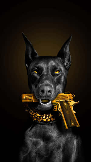 黑色杜賓犬嘴裡叼著金色手槍，戴著鉚釘項圈