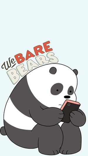 卡通熊貓手持電話，上方有We Bare Bears標誌。