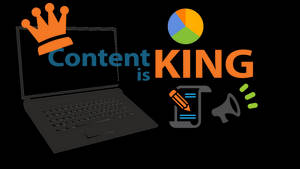 帶有「Content is KING」文字及市場推廣和分析圖示的手提電腦。