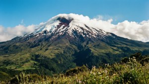 一座白雪覆蓋的火山，綠色山坡在明亮的藍天和白雲下