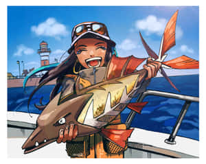 船上動漫女孩抱著大魚，身後有燈塔。