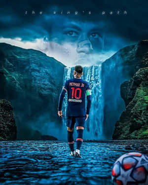 足球運動員尼馬（Neymar Jr.）走向瀑布，上方有一個鬼臉。