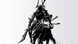 武士騎在馬上，以黑色墨水風格持劍。