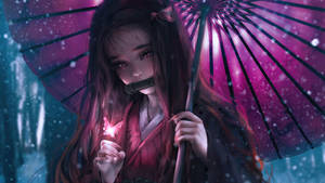 動漫女孩穿紅色和服在雪森林中撐紫色雨傘手持發光蝴蝶。
