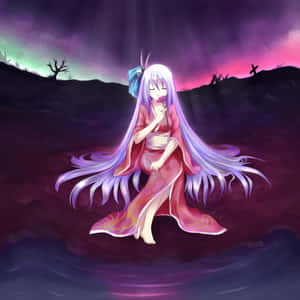 穿著粉紅色和服的動漫女孩坐在水中，背景是紫色黃昏天空