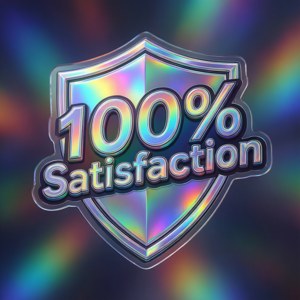 全息盾牌帶有 100% Satisfaction 文字在彩虹背景上發光