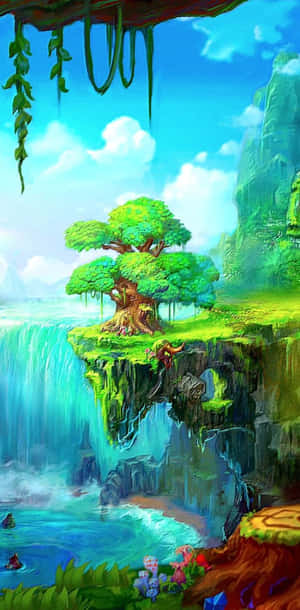 在充滿活力的奇幻場景中，一棵茂盛的綠樹矗立在瀑布上方的懸崖上。