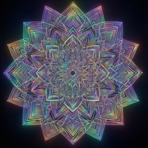 一個發光的霓虹彩虹曼陀羅，在黑色背景上帶有複雜的幾何圖案