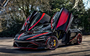 黑色McLaren跑車，帶有紅色點綴和打開的車門，停泊在戶外。