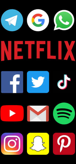 手機屏幕顯示熱門應用程式圖標網格，包括 Netflix、Google、WhatsApp、Facebook、Twitter、TikTok、YouTube、Gmail、Spotify、Instagram 和 — Netflix GIF 壁紙