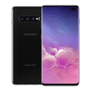 黑色 Samsung Galaxy S10+ 手機，帶有漸變屏幕壁紙。