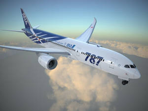 ANA Boeing 787 Dreamliner 在日落時飛越雲層。