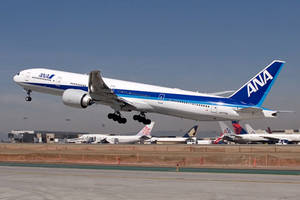 ANA飛機從跑道起飛，背景有其他飛機。