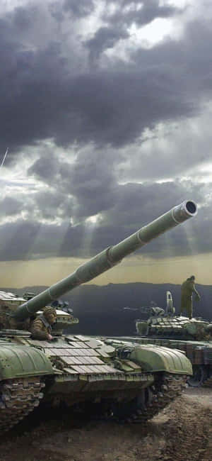 軍用坦克和士兵在暴風雨天空下，伴隨著陽光。
