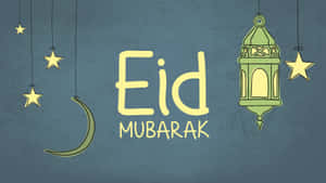藍色背景上懸掛著星星、月亮和燈籠的 Eid Mubarak 祝福語。