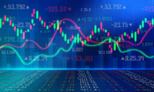 帶有發光圖表和滾動數字的金融股票市場數據的數位顯示。