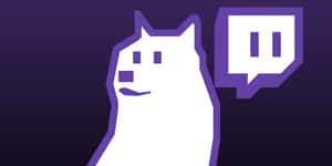 白色 Doge 吉祥物帶紫色輪廓，旁邊是 Twitch 標誌，深色背景