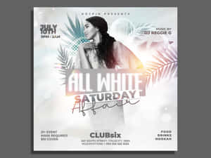 Clubsix 的 All White Saturday 活動傳單， featuring 一位穿白色衣服的女性、熱帶葉子和發光效果。