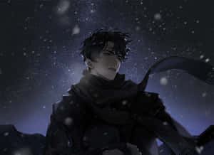 動畫角色穿著深色外套站在星空下的雪中