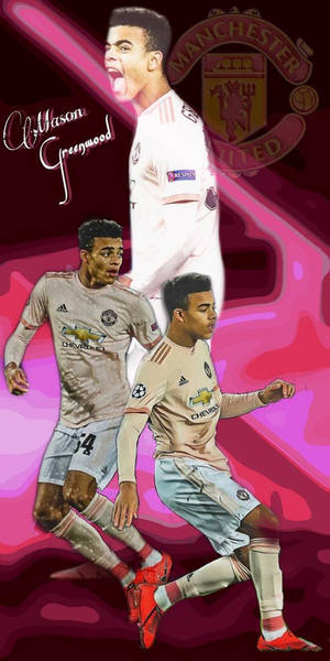 插圖中的足球員 Mason Greenwood 身穿曼聯球衣，背景為粉紅色和紫色。