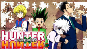 四個來自《Hunter x Hunter》的動漫角色在拼圖背景前擺姿勢，並顯示節目名稱。