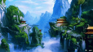 寺廟建築群坐落在雲霧繚繞的山崖上，瀑布在下方流淌。 — 風景動圖 壁紙