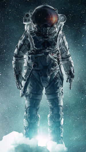 太空人穿著太空衣站在繁星宇宙中的發光雲層上。