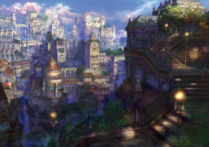 一座建在懸崖和橋樑上的奇幻城市，在黃昏時閃爍著燈籠。 — 森林 壁紙
