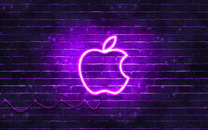夜晚潮濕磚牆上的紫色霓虹燈Apple標誌。