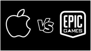 白色Apple標誌對比Epic Games標誌，黑色背景。