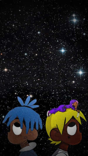 兩個動畫小孩仰望星空。