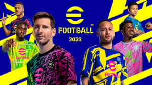 五位足球員身穿彩色球衣為 eFootball 2022 遊戲宣傳擺姿勢。