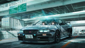 動漫風格的警車在發光的都市隧道中疾馳，車上有兩名女性駕駛者。