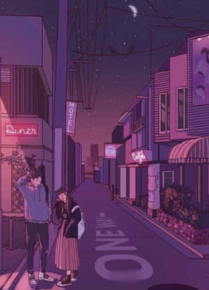 兩個青少年夜晚站在紫色霓虹街道上，星空下有一彎新月。 — 可愛情侶 GIF 壁紙