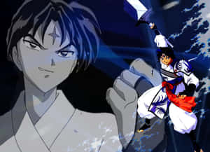 兩個動漫角色在充滿水花的夜晚場景中用劍戰鬥。 — 武士Champloo 壁紙