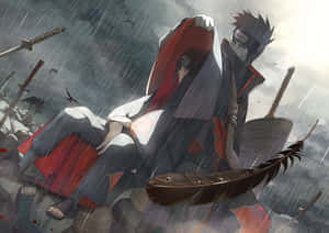 兩位動漫戰士在暴風雨中持劍和羽毛戰鬥。 — 忍者 壁紙