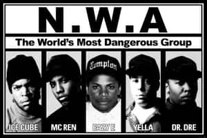 N.W.A 樂隊海報，五名成員和粗體文字宣稱他們是世界上最危險的團體。