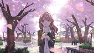 在安靜的公園裡，穿著校服的動漫女孩站在飄落的櫻花下。 — 聲之形 GIF 壁紙