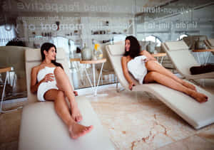 兩位穿著白色毛巾的女士在現代水療中心的米色椅子上放鬆，地板是大理石。
