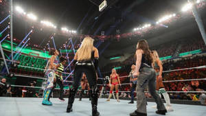 Money in the Bank 活動期間，WWE 女摔角手在擂台上，觀眾歡呼。