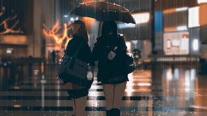 兩個人在夜晚的城市街道上雨中撐傘行走。