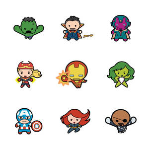 九個Q版Marvel超級英雄以色彩繽紛的卡通姿勢呈現。 — 漫威超級英雄 壁紙