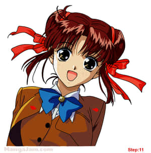 動漫女孩，棕色雙馬尾和紅色絲帶，穿著帶藍色蝴蝶結的校服。 — 幽遊白書 GIF 壁紙