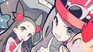 兩位戴著紅色飾品、眼睛充滿表情的動漫女孩分享一個俏皮的時刻。