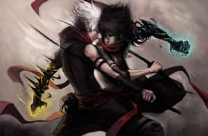 兩位動漫戰士手持發光武器，披著飄逸斗篷在戰鬥。