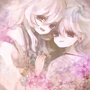 兩位動漫女孩在粉紅色花朵環繞下溫柔擁抱。 — 幽遊白書 GIF 壁紙