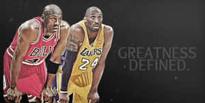 米高佐敦和高比拜仁身穿籃球服，帶有文字 greatness defined。 — 科比· Bryant 壁紙