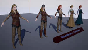 五個身穿中世紀服裝的女性3D角色站在工作室中。 — 北歐 壁紙